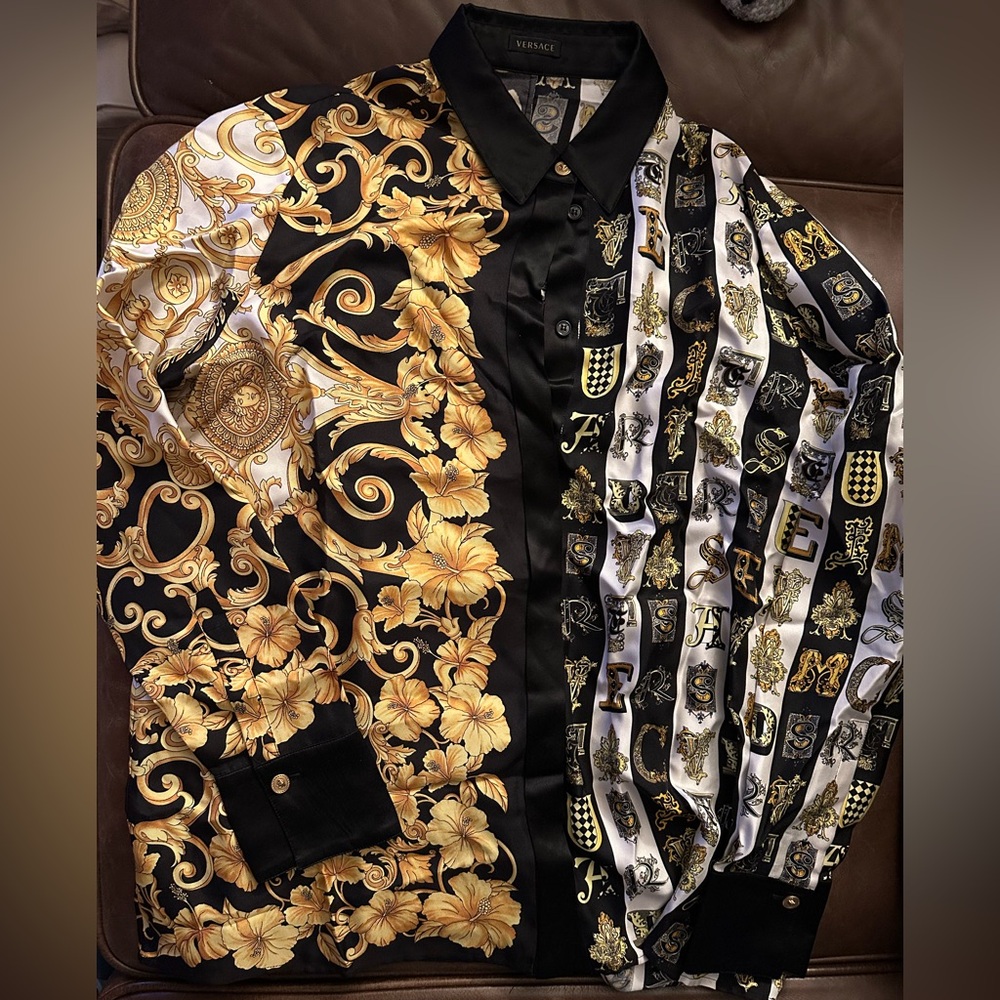 Versace silk gold black button up top